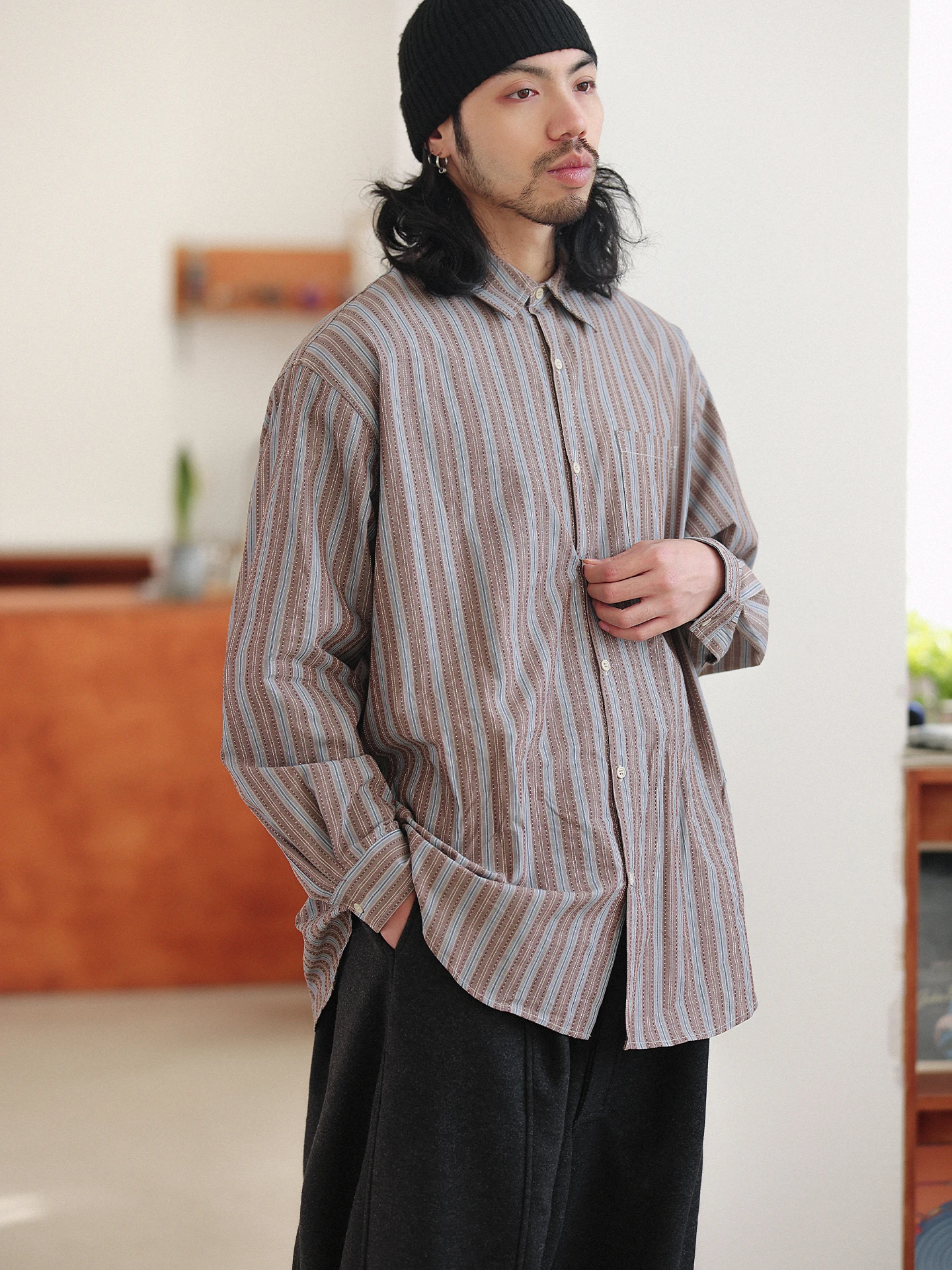 

NOEARS Casual Loose Long Sleeve Striped Shirt Coffee Color Vertical Stripe Spring Autumn Vintage Men's Casual Shirt Coat