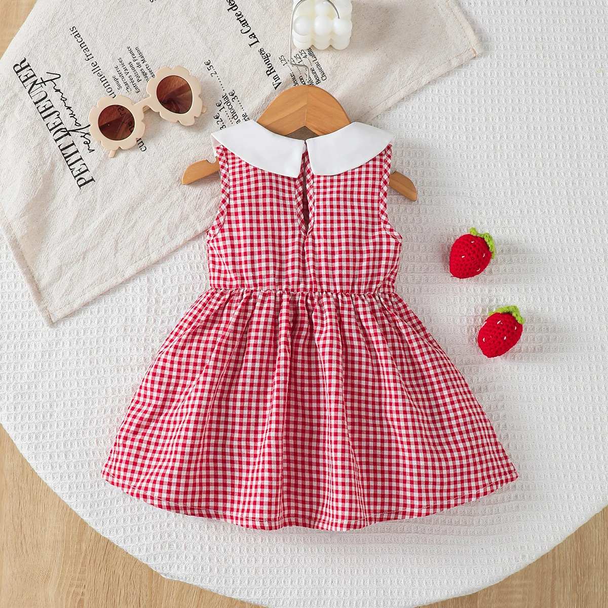 Cute Baby Girl Dress Doll Collar Strawberry Print in Red Checkered Pattern Dress Suitable for Babies Aged 0-24 Months Baby Girl