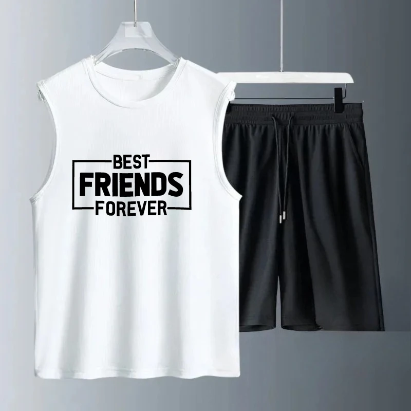 

Мужской костюм-жилет Летний без рукавов с принтом Best Friends Майки + шорты Комплекты мужских спортивных костюмов y2k Быстросохнущий летний мужской костюм