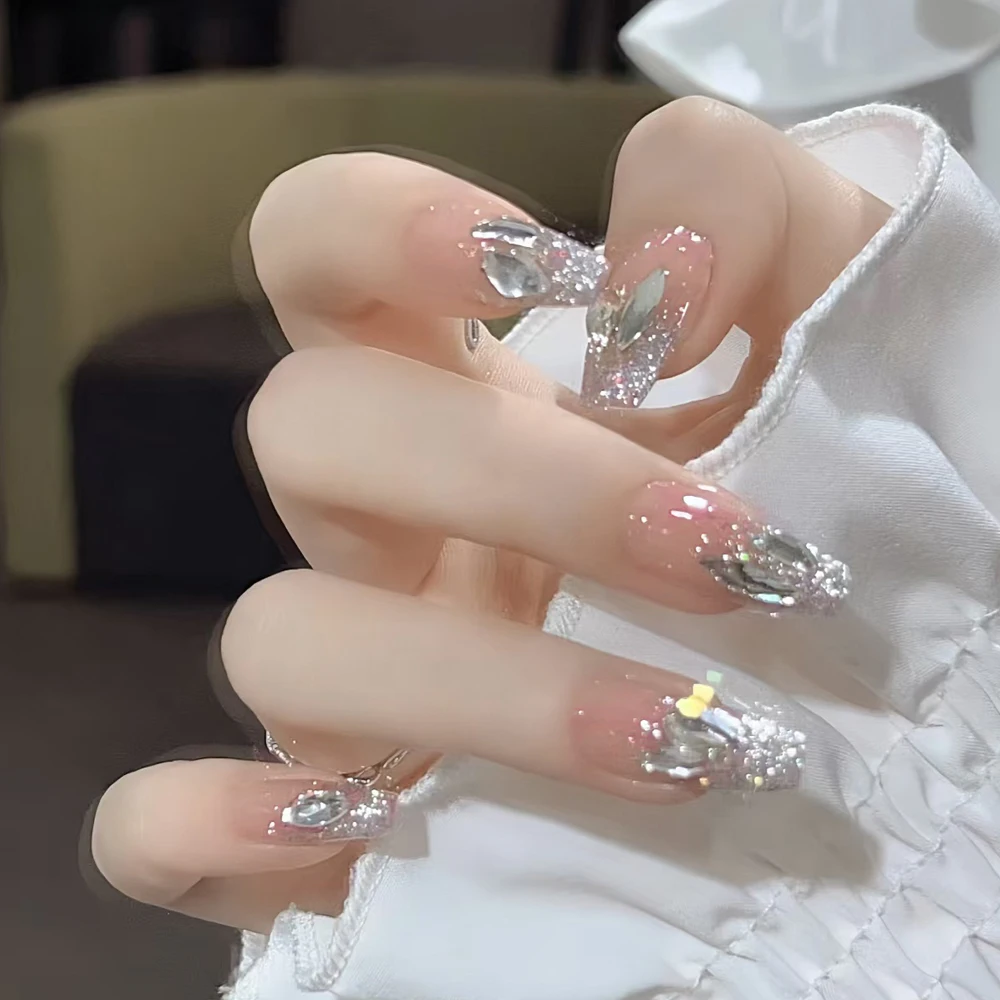 24 Uds. De uñas postizas de estilo francés rosa con diamantes de imitación, ataúd medio brillante, prensa en uñas, brillo, uñas postizas reutilizables, manicura * ^