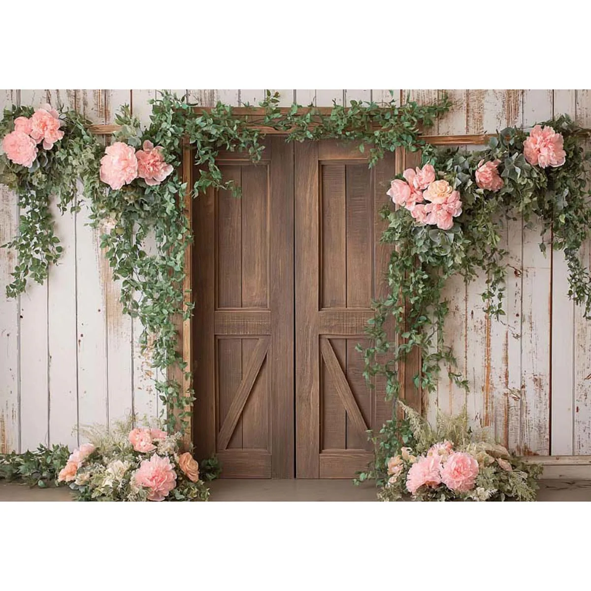 Allenjoy Rustic Wood Door Pink Flowers Backdrop