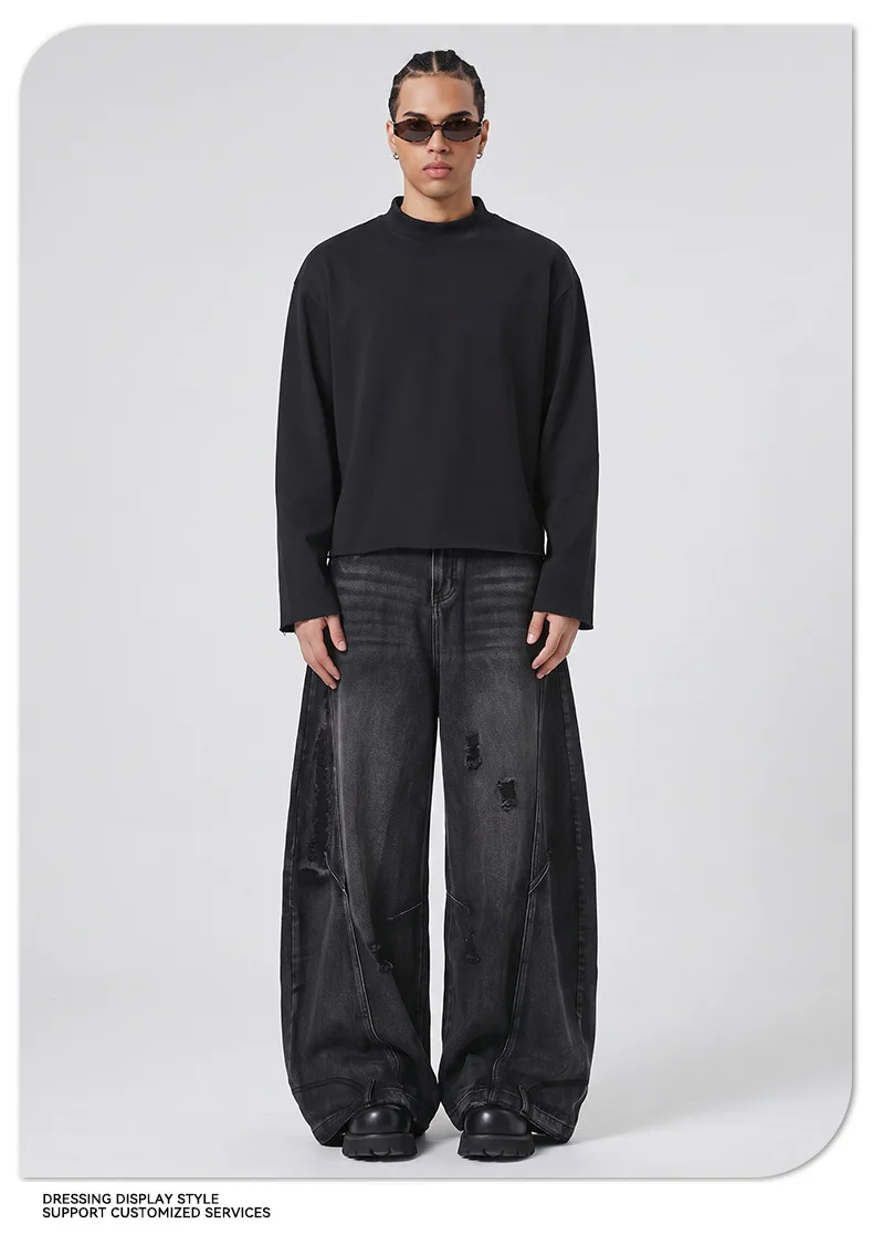 Heavy Autumn and Winter Solid Color Sweater Men's Hem Rough Edge Retro Semi-turtleneck American Pullover Sweater