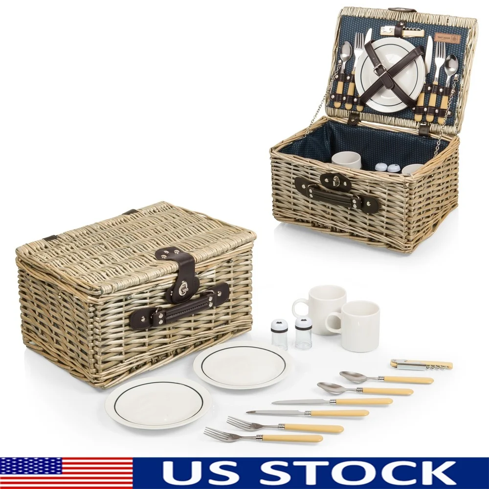 

Deluxe Wicker Picnic Basket Set Two with Porcelain Plates Mugs Cutlery Corkscrew Salt Pepper Shakers Ideal Outdoor Dining