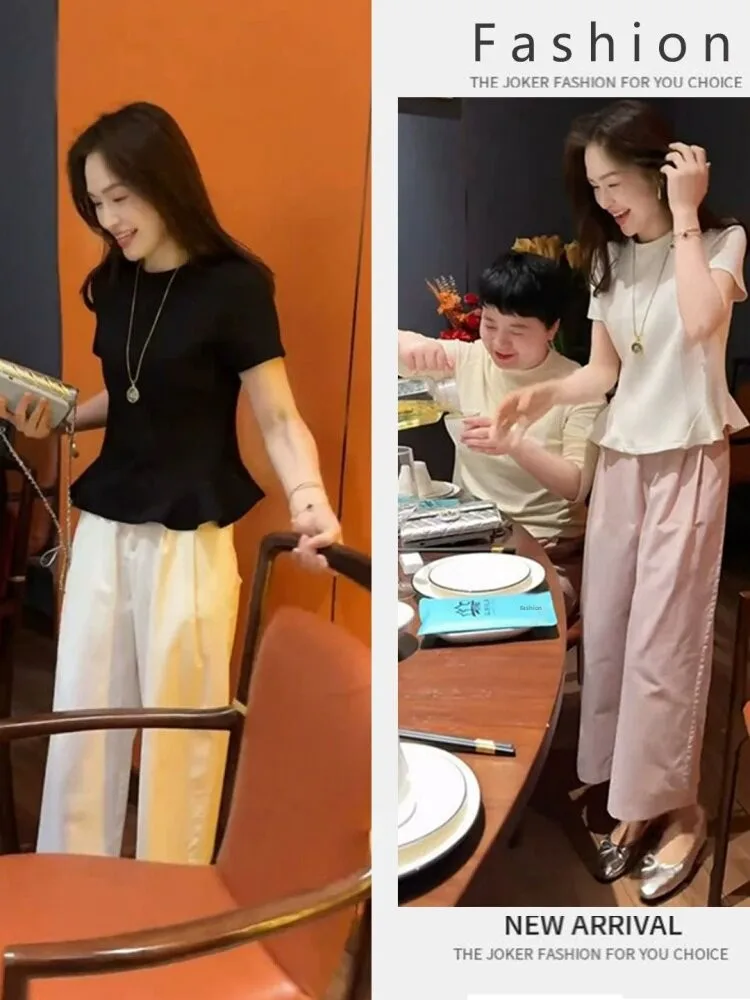 

Summer Fashion Korean Design Short Sleeve Commute Casual Wide Leg Pants Two Piece Set Elegant Ageless Slimming Top Bottoms