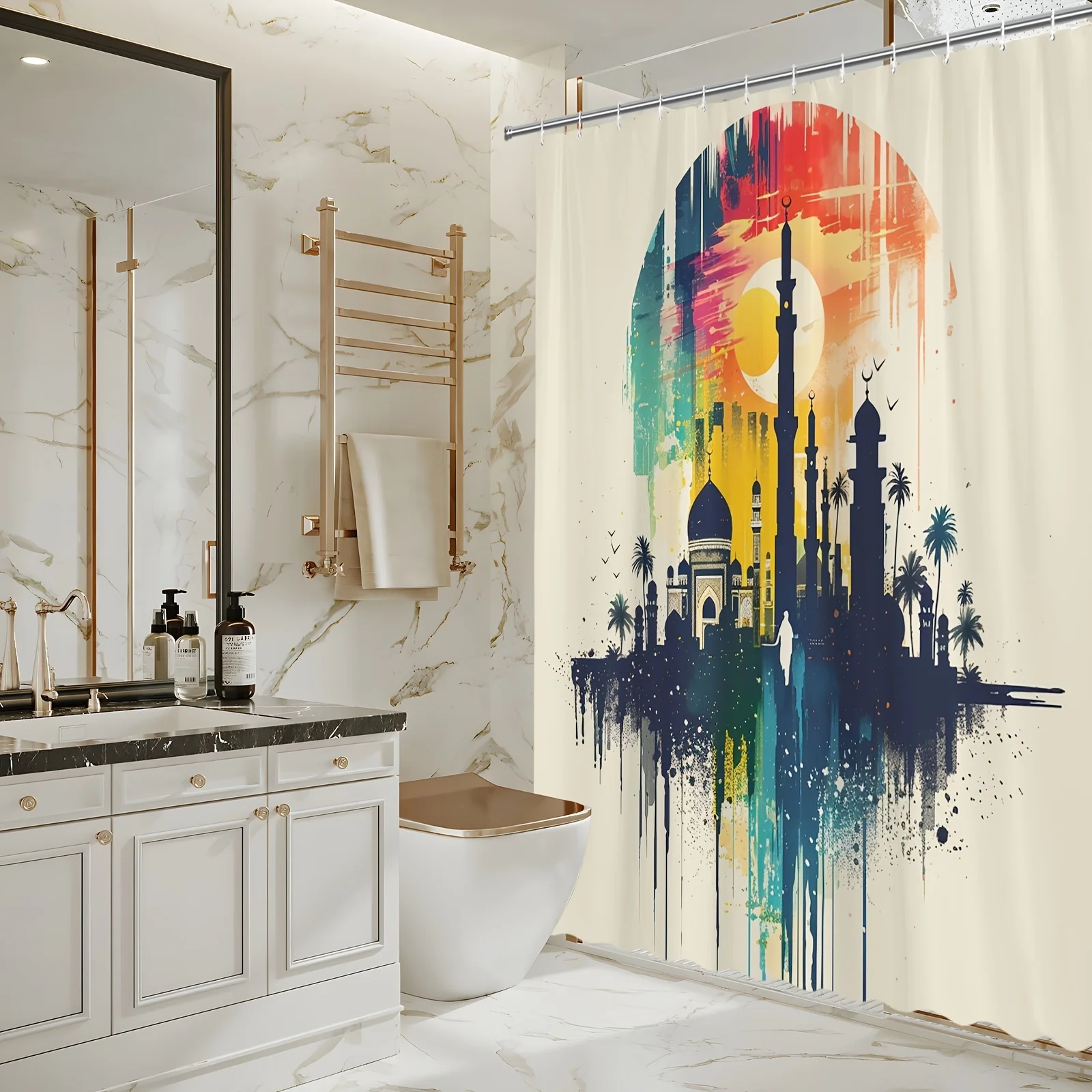 Urban Silhouette Waterproof Shower Curtain: Colorful Cityscape Design, Adds Modern Art to Your Bathroom Decor