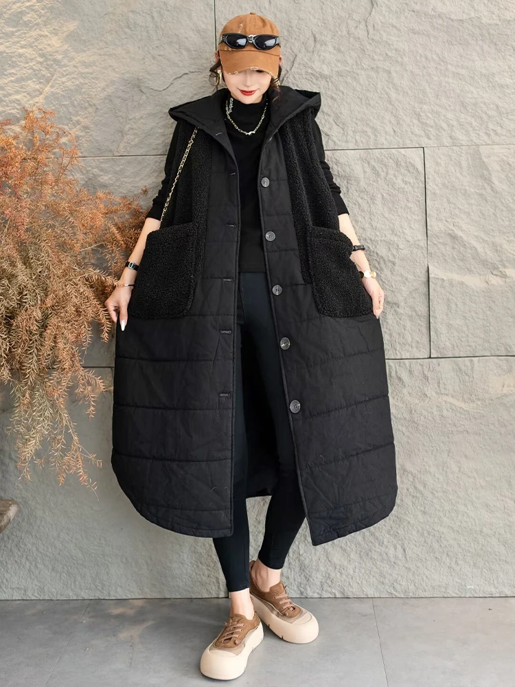 Masss Wasss 2024 Winter Womens Long Fashion Loose Hooded Padded Vests Ladies Casual Classic Sleeveless Coats Warm Fur Waistcoats