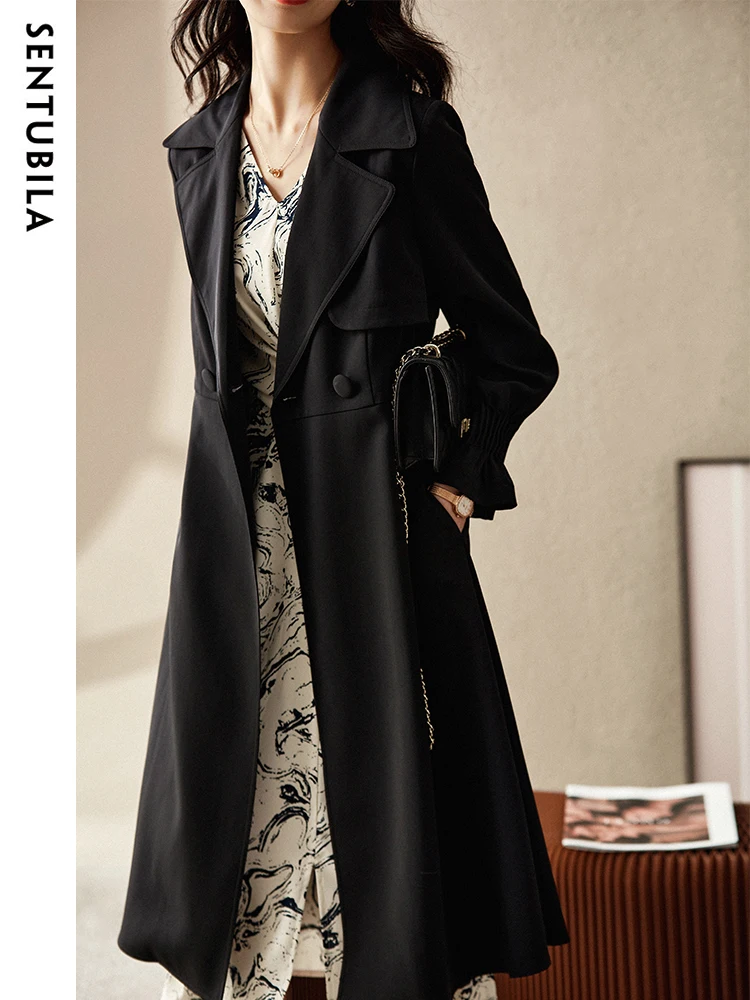 SENTUBILA Black Long Fitted Trench Coat for Women 2024 Spring Autumn Fashion Elegant Wide Lapels Long Sleeve Overcoats Clothing