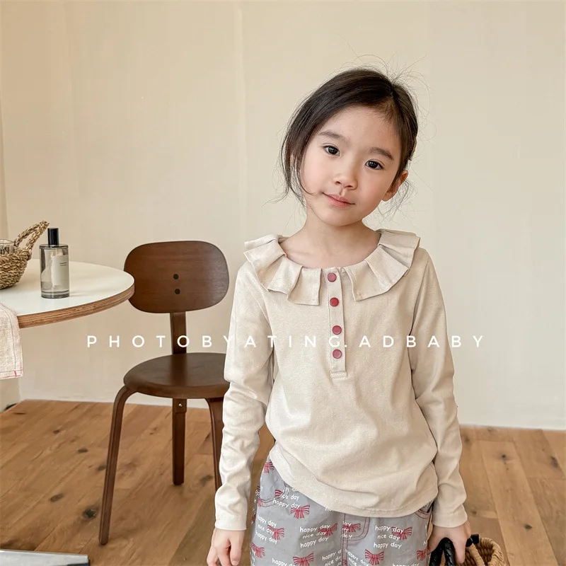 

2024 Spring New Children Long Sleeve T Shirts Cotton Baby Girl Lace Collar Soft Bottoming Shirt Kids Toddler Solid Casual Tops