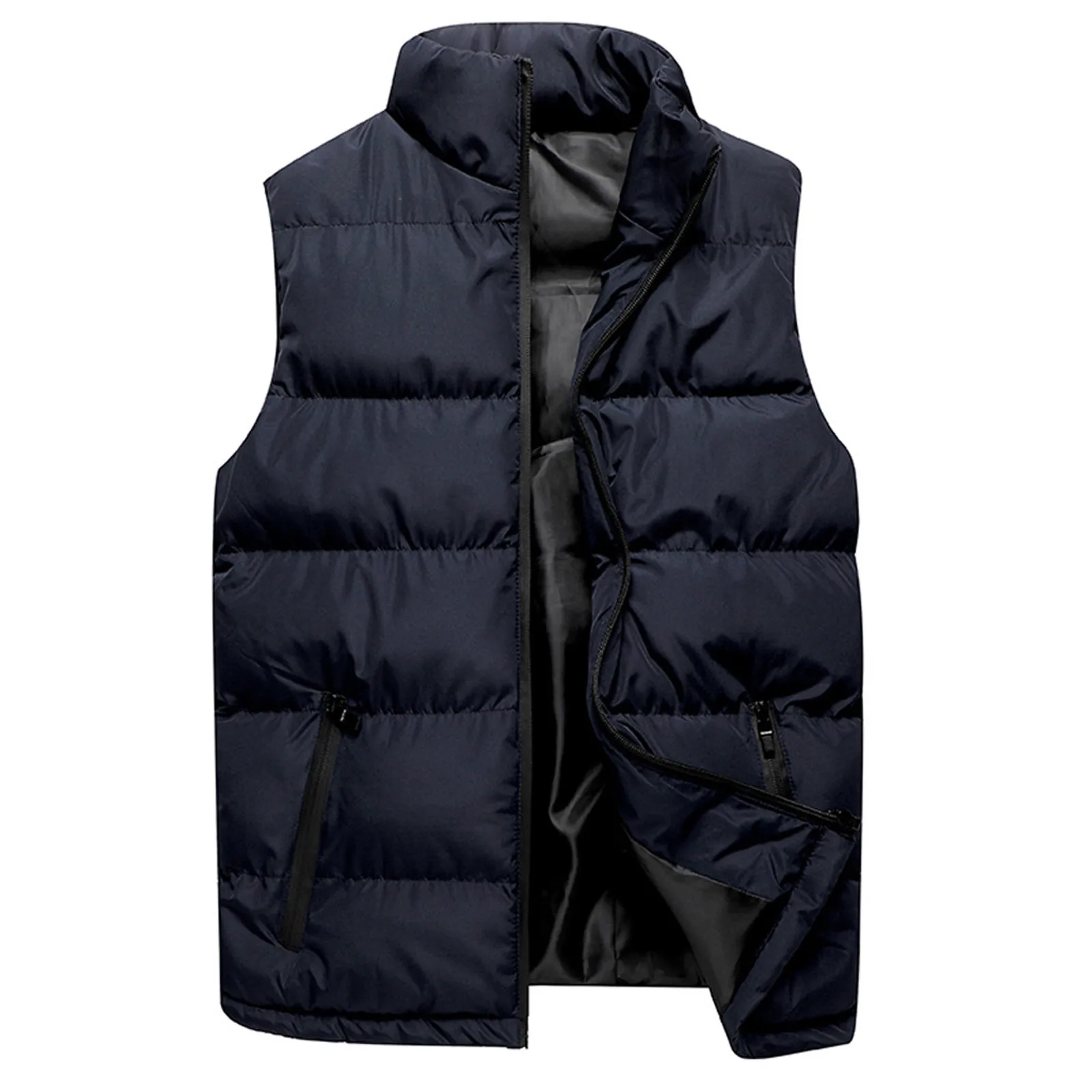 Men's Autumn and Winter Cotton Clothes Stand-Up Collar Simple Warm Sleeveless Jacket Waterproof Zip down Cotton Vest Erkek Mont