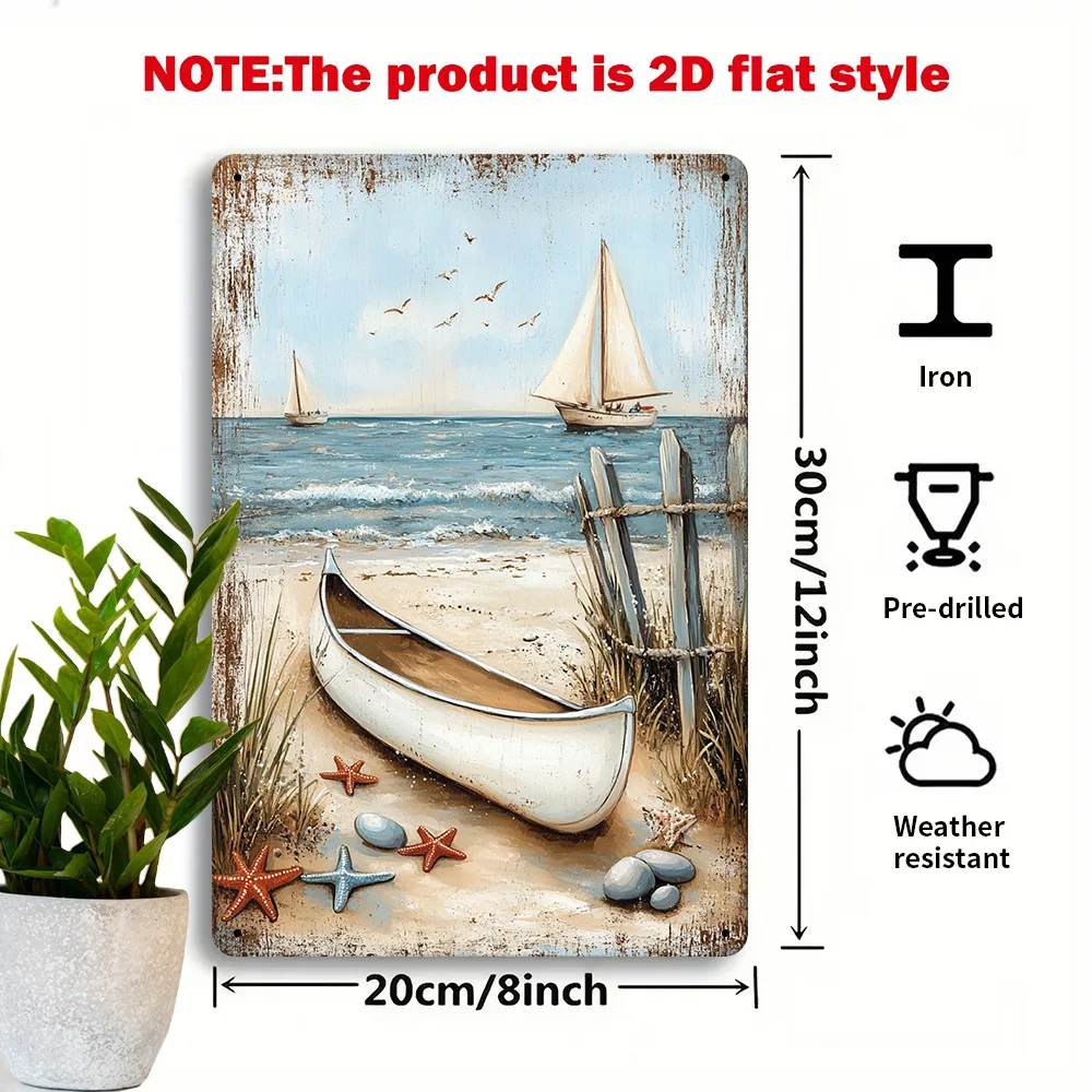 2D Flat - 2D Plane 1pc, Tranquil Coast Iron Decoration Sign, 8X12 Inch Vintage Aesthetic, Art Style, Suitable for Living Room, B