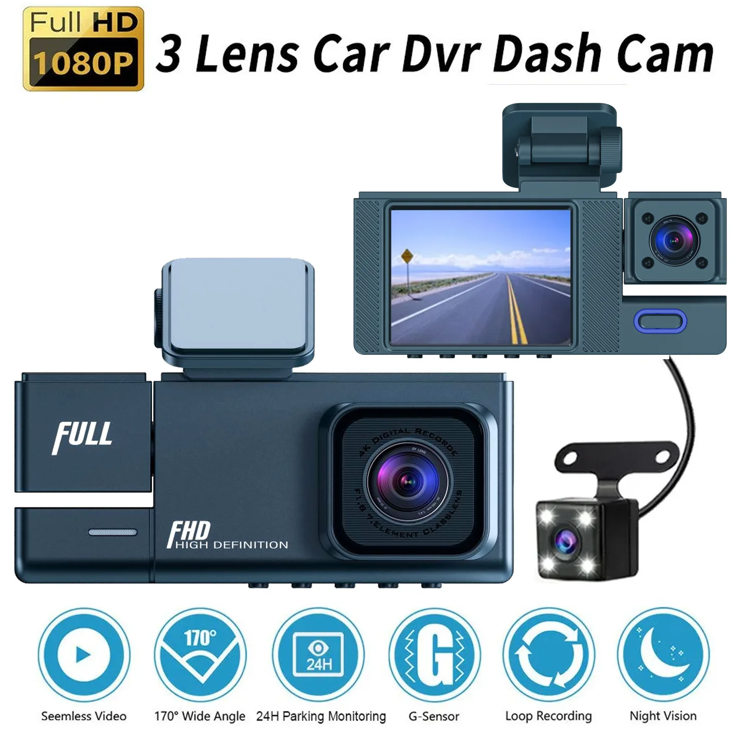 

Night vision 3 Channel Car DVR HD 1080P 3-Lens Inside Vehicle Dash CamThree Way Camera DVRs Recorder Video Dashcam Camcorder