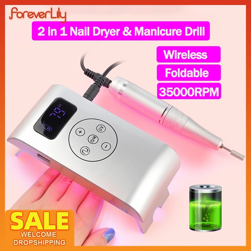 2 in 1 Wireless UV Nail Lamp Manicure Drill Grinder Machine 350000RPM Nail Gel File Polisher Nails Sander Fast Drying Nail Dryer