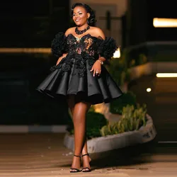 Plus Size Black Cocktail Dresses Sweetheart Off The Shoulder Handmade Flowers  Aso Ebi Prom Party Dress Girls Robe De Soiree