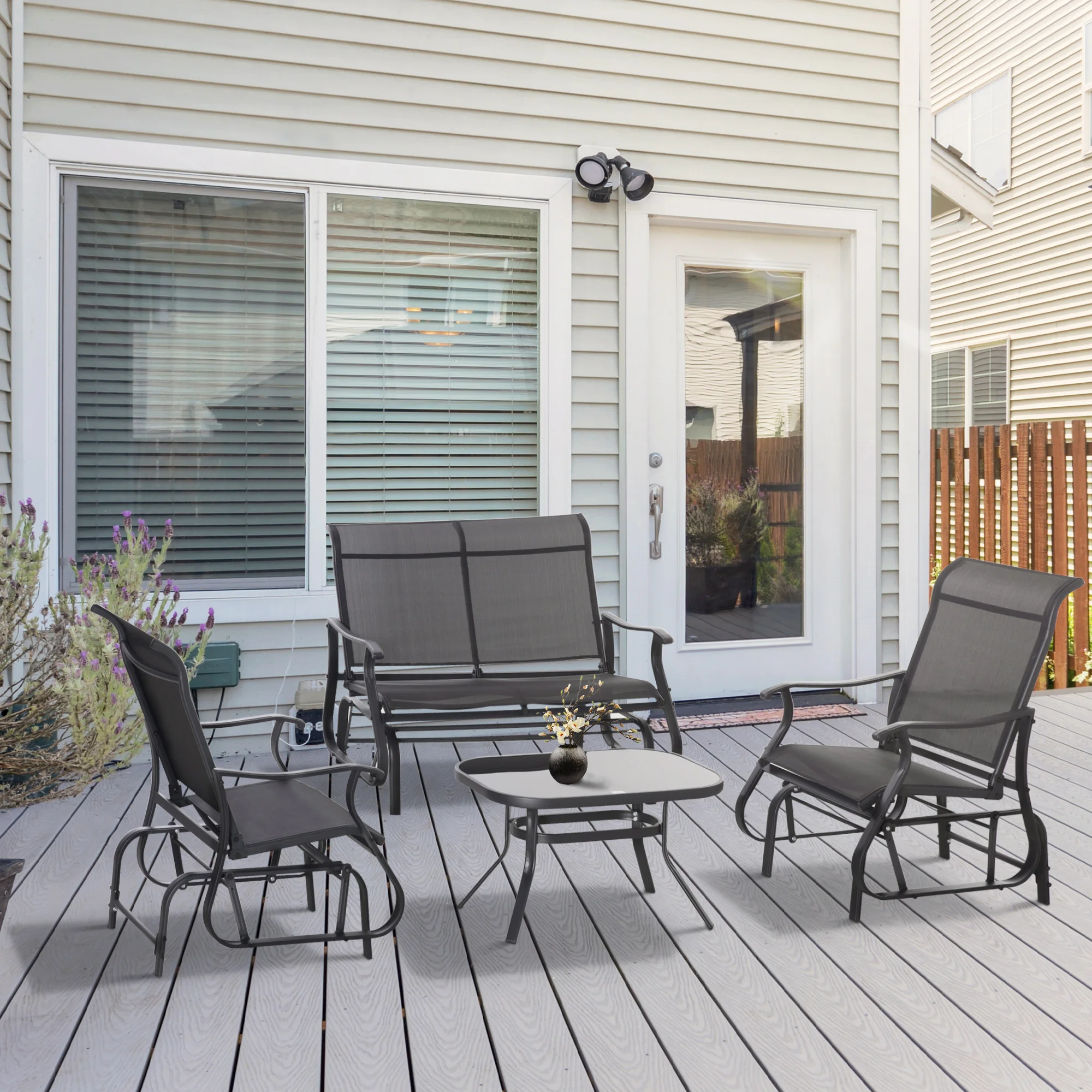 

Outdoor Patio Gliding Set 4 Piece Steel Frame Mesh Glider Chairs Loveseat Coffee Table Garden Porch Conversation Black