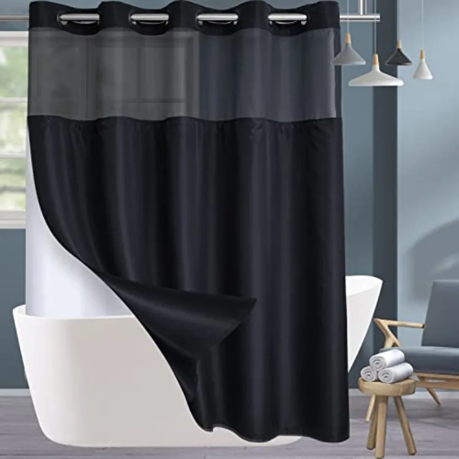 

Extra Long No Hook Shower Curtain with Snap in Liner Set Hotel Luxury Black Fabric Shower Curtains for Bathroom with See Throug