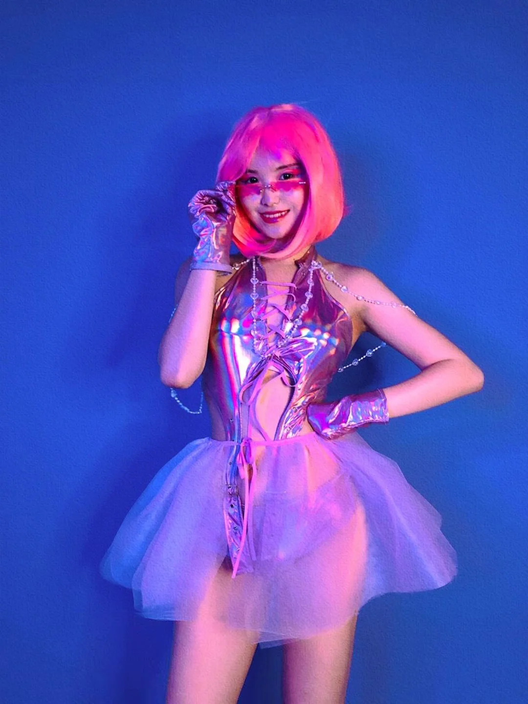 

Sexy Laser Bodysuit Mesh Skirt Pole Dance Costume Women Jazz Dance Outfit Nightclub Gogo Dancing Clothes Rave Outfit