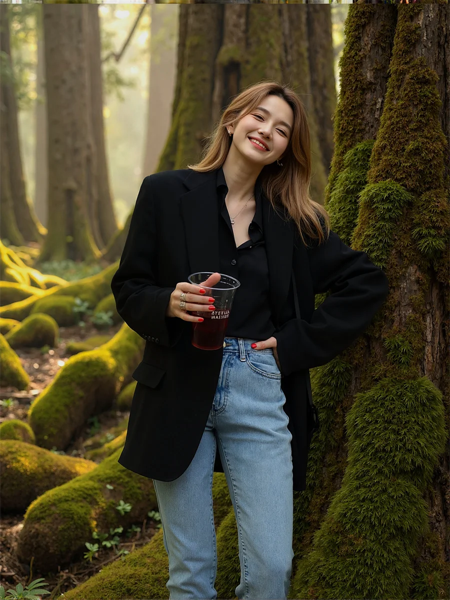 السترة النسائية معاطف أسود أبيض أنواع الجيب مجموعة Cinching الموسم Preppy Bf الزي الياباني المشمش الصيني الأدبي