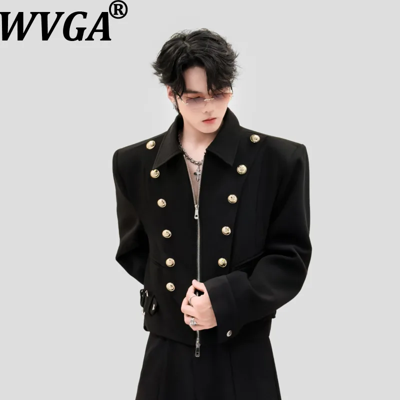 WVGA Spring Autumn New Men Niche Style Double-breasted Button-decorated Short Jacket Shoulder Pads Turn-Down Collar Coats W27179