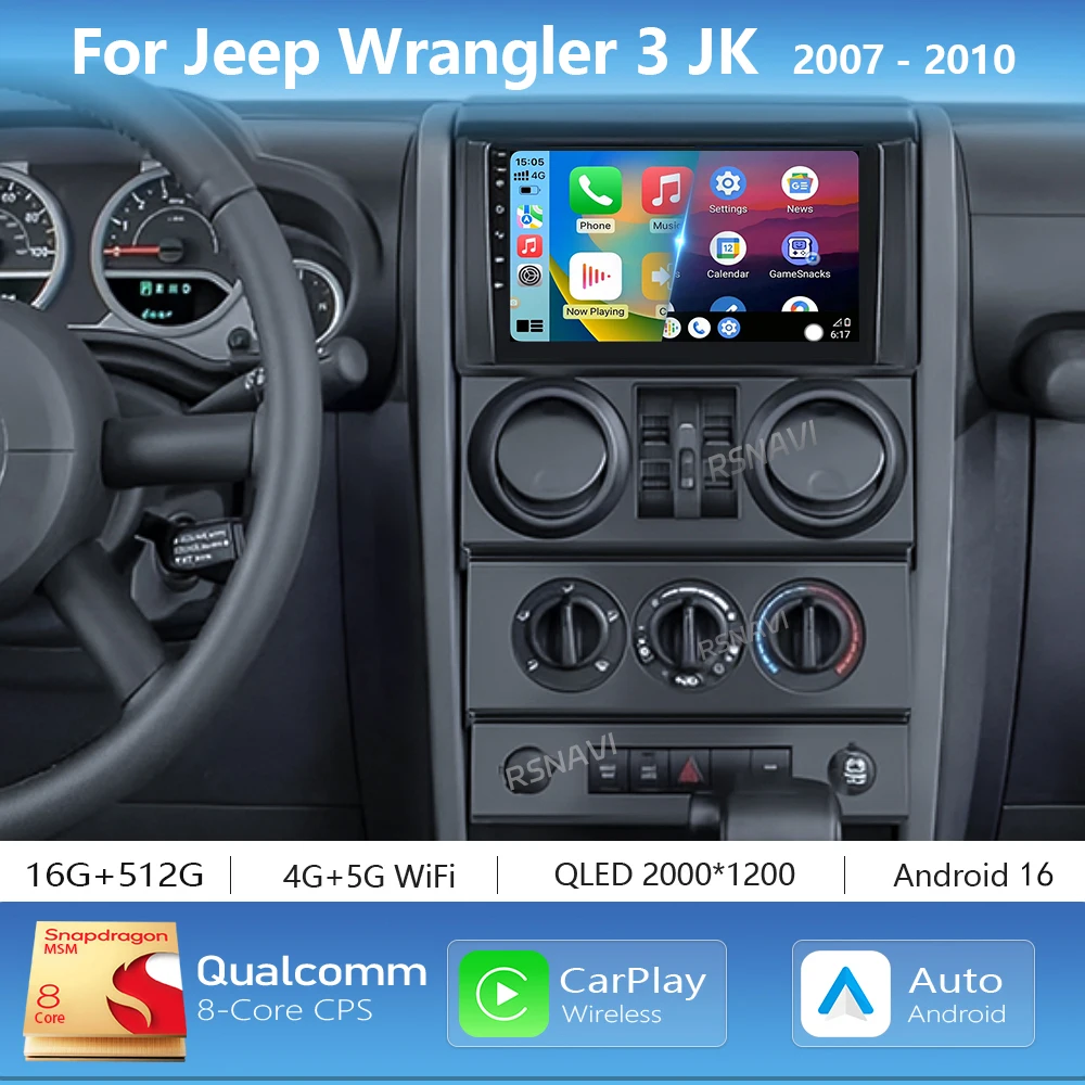 Radio Multimedia para Auto con Pantalla 2K y Android 16 Carplay para Jeep Wrangler Rubicon 2007 - 2010, Autoradio 2Din con Wifi
