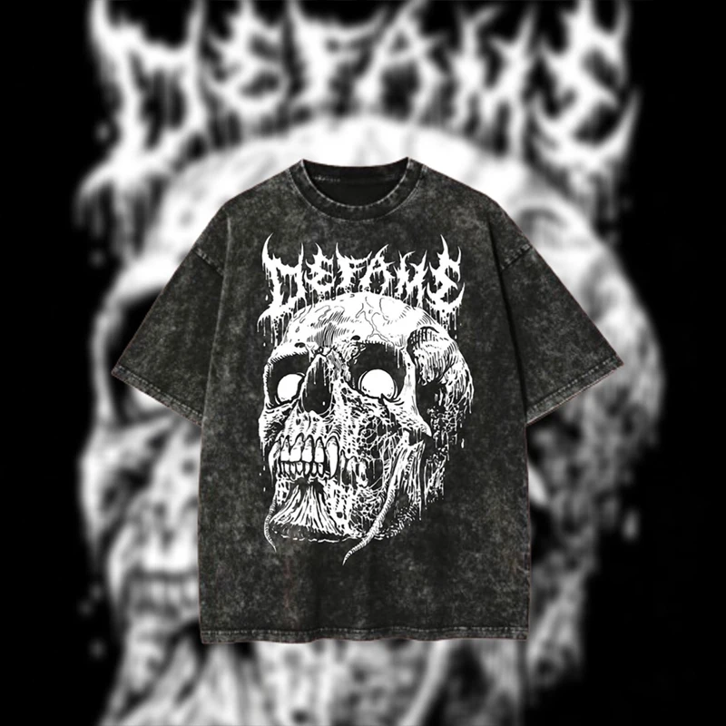

Retro Y2k Washed Cotton T-Shirt Skull Pattern Printed Shirt Men's T-Shirt Round Neck Casual Fashion Loose Extra Large Size Top