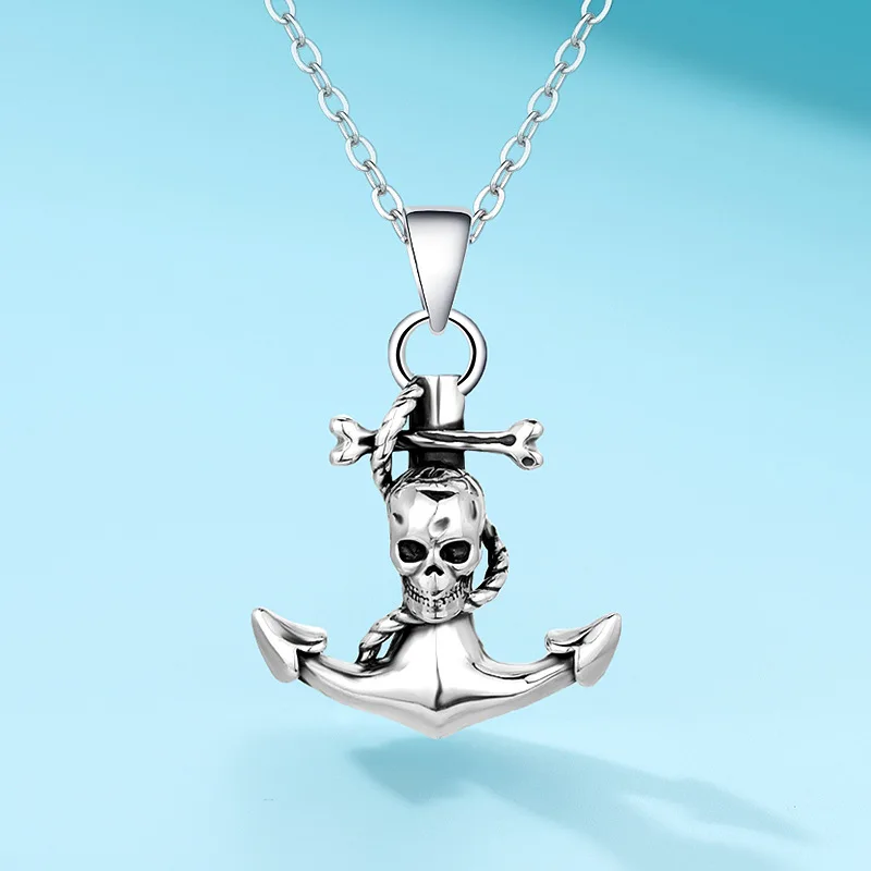 

Double Sword Pirate Retro Halloween Skull Ship Anchor Necklace Thai Silver Fashion Luxury 925 Silver Pendant for Men and Women