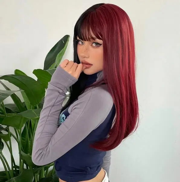 Wig rambut sintetis lurus panjang hitam dan merah tua, Wig dua warna hitam dan merah tua dengan poni untuk wanita, pesta Cosplay Halloween tahan panas