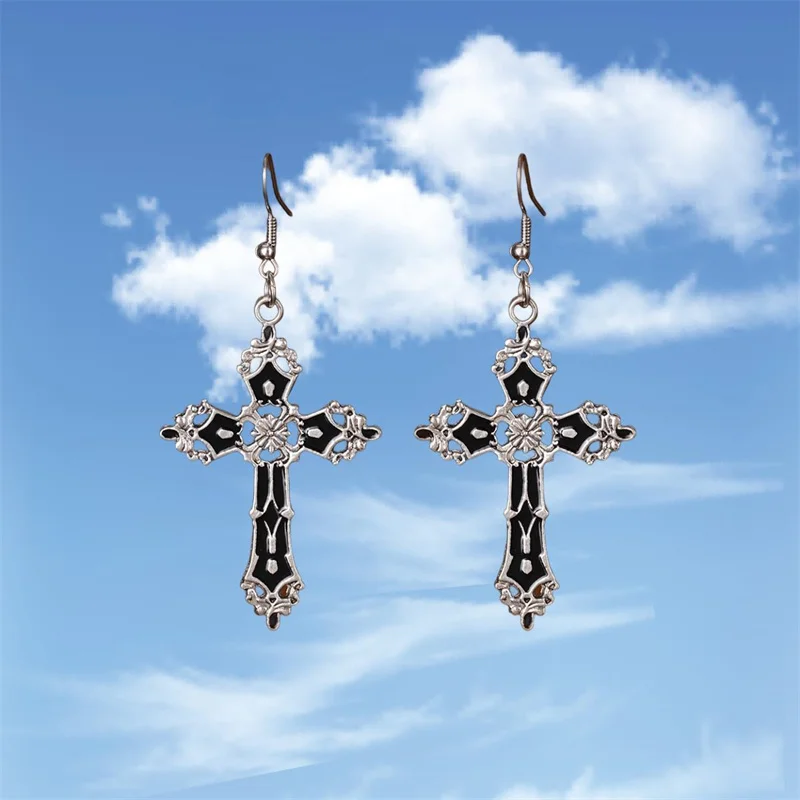 Punk Vintage Black Enamel Cross Earrings Aesthetic Gothic Cross Earrings Women Optimal Jewelry Accessories