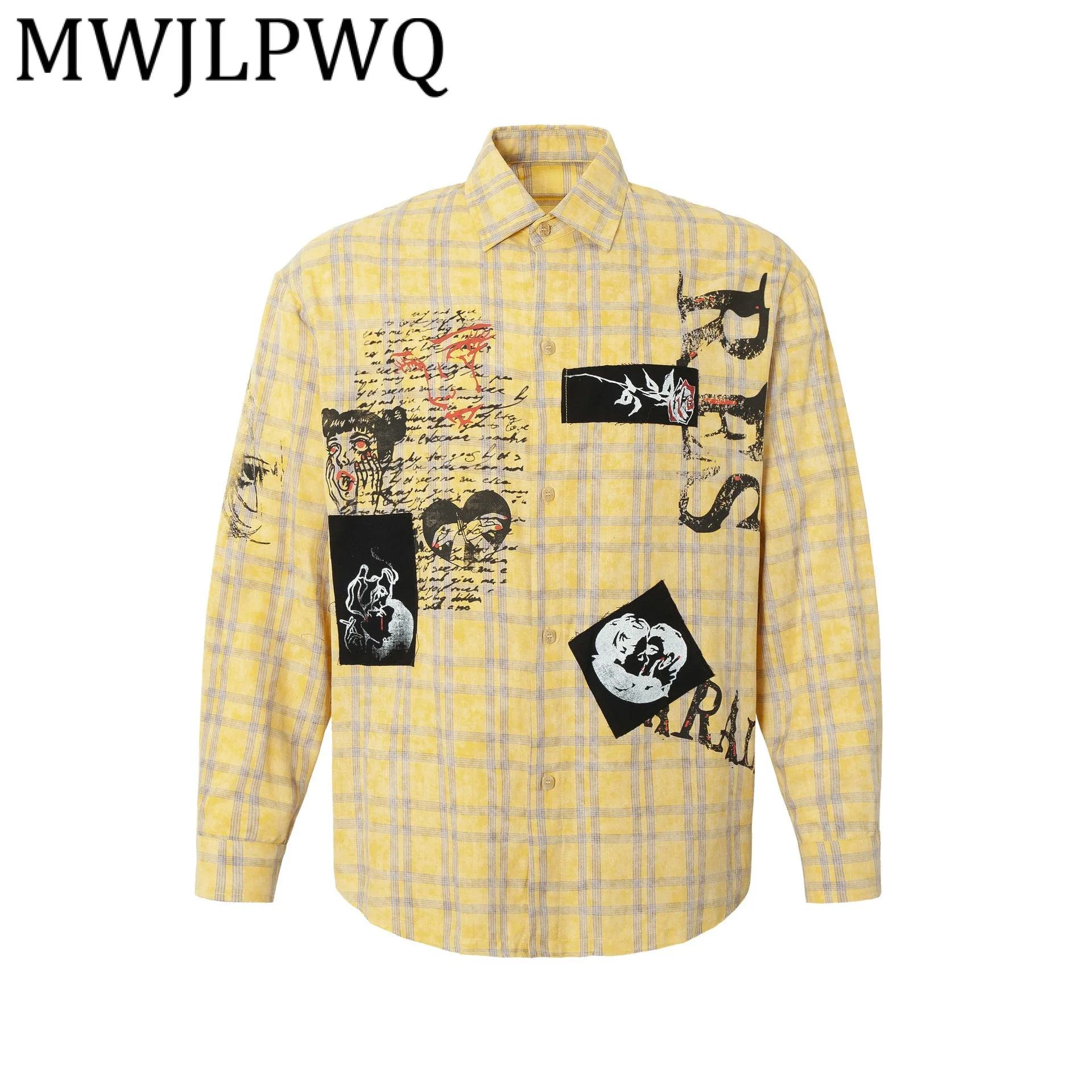 

MWJLPWQ Men's High Street American Style Ins Trendy Patchwork Plaid Shirt Long Sleeve Personality Tops 2025 Autumn Spring 21270