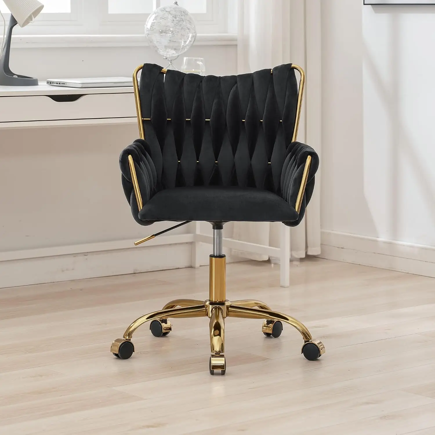 Velvet Desk Chair, Hand Woven Height Adjustable Swivel Chair, Black