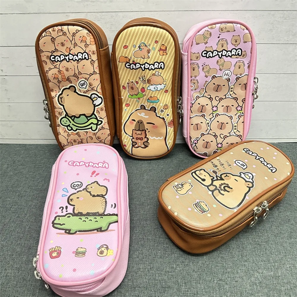 

New PU Pen Bag Zip Large Capacity Pencil Case Multifunctional Stationery Bag Students