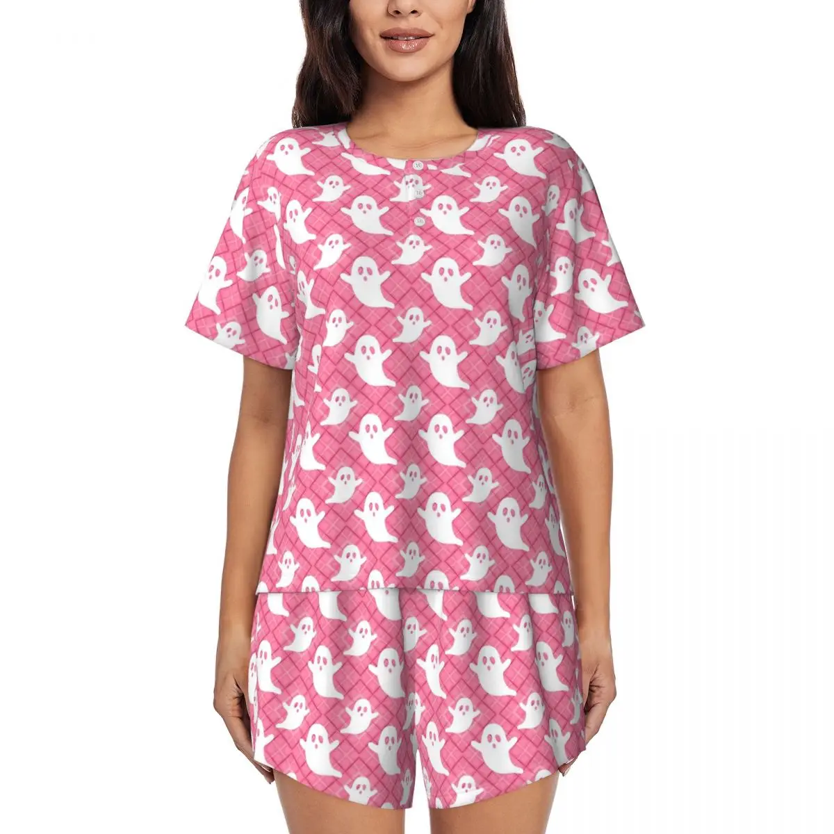 

Pink Ghost Print Pajamas Women Lovely Ghosts Fashion Sleepwear Summer Short Sleeves 2 Pieces Bedroom O Neck Custom Pajamas Set