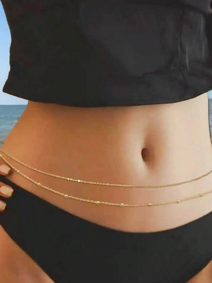 2pcs/Set Sexy Fashion Summer Beach Waist Chain, Copper Beads Double Layer Tassel Waist Chain, Body Chain Jewelry Accessories, Su