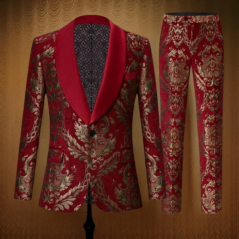 

Floral Jacquard Suits for Men 2 Pcs Wedding Groom Tuxedo Shawl Lapel Smoking Jacket with Pants Luxury Custom Prom Costume 2024
