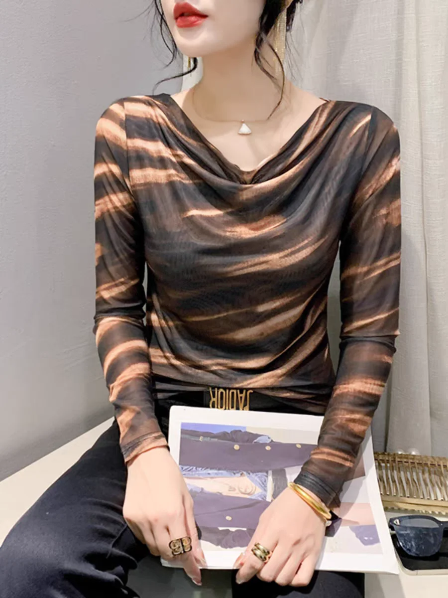 2024 Spring Summer Double-Layer Mesh Top Long Sleeve Printing T-shirt Woman Slim Fitting Tee For Female