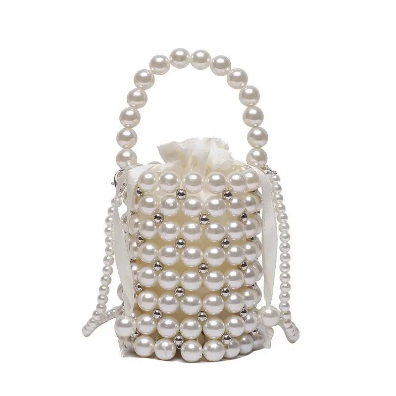 Women Small Bucket Tote Crossbody Bags for Women Pearl Handmade Woven Handbag Ladies Beach String Shoulder Bag