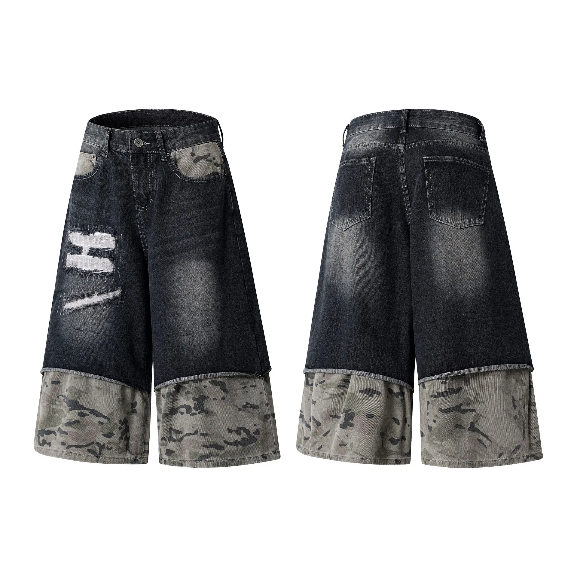 MWJLPWQ American Retro Camouflage Patchwork Distressed Denim Shorts For Men Women Trendy Loose Wide-Leg Cropped Pants 16979
