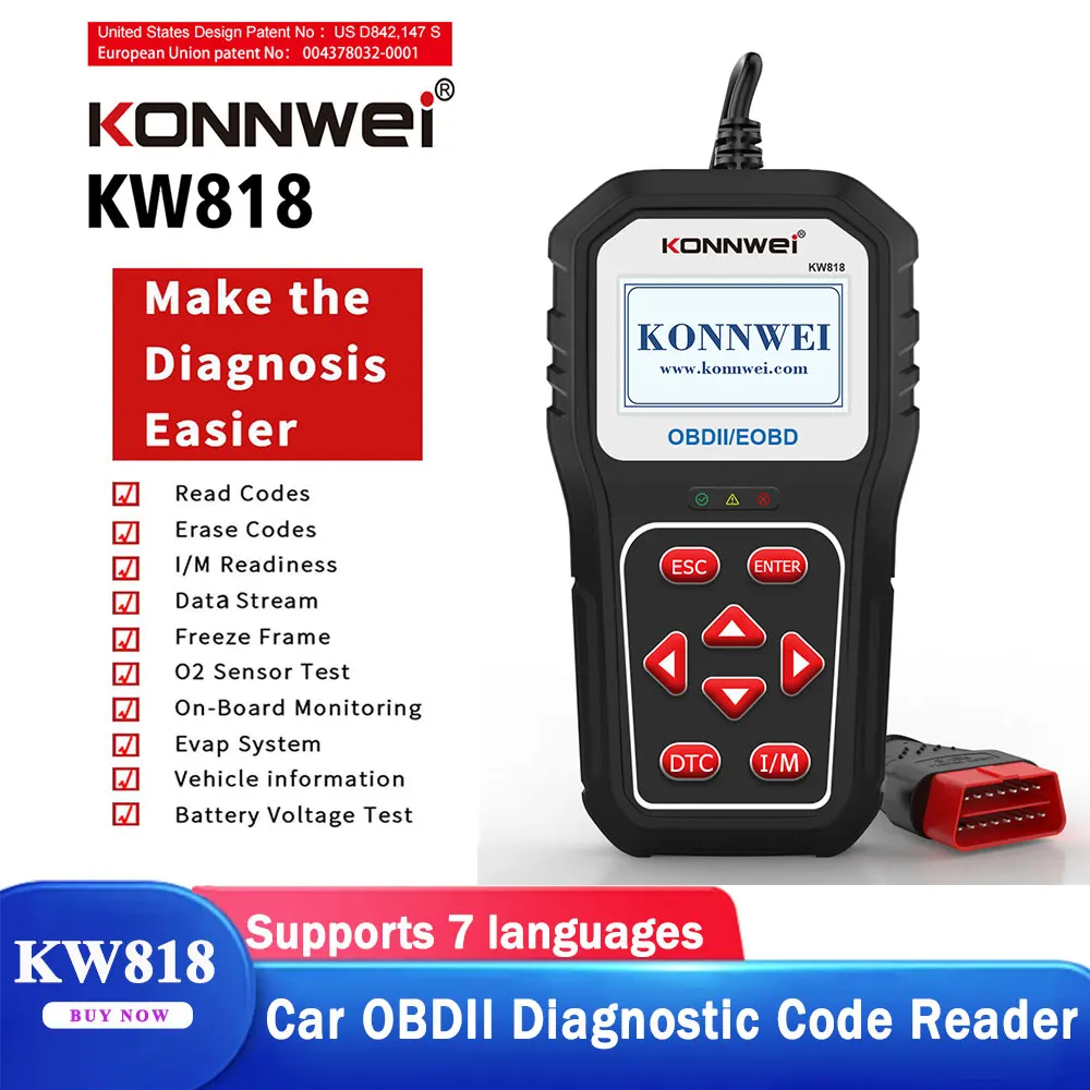 KONNWEI KW818 Car OBD2 Scanner Battery Tester 12V Fault Code Reader Check Engine Light Diagnostic Tool for OBDll Compliant