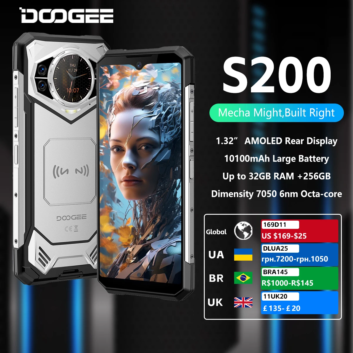 DOOGEE S200 5G: 6.72인치 120Hz 디스플레이, 12GB RAM, 256GB 저장공간, 100MP AI 카메라, 10100mAh 배터리, 안드로이드 14 및 NFC 지원의 견고한 스마트폰