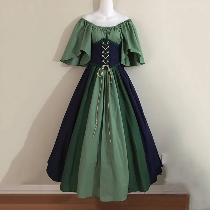 medieval retro contrasting color slim-fitting skirt flying sleeves big swing skirt  dress female cos costume performance