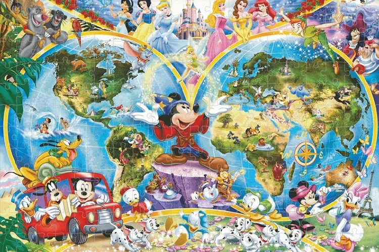 Disney World Map JIgsaw Puzzle Disney Princess Donald Duck Mickey Mouse Wooden Puzzle Educational Toys For Kids Birthday Gifts