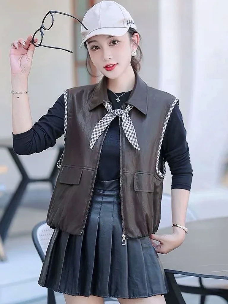 

Faionable PU Leather Vest Women's Loose Fit Outerwear Zipper Slimming Versatile Jaet Top for Autumn 2025 Strong Warmth