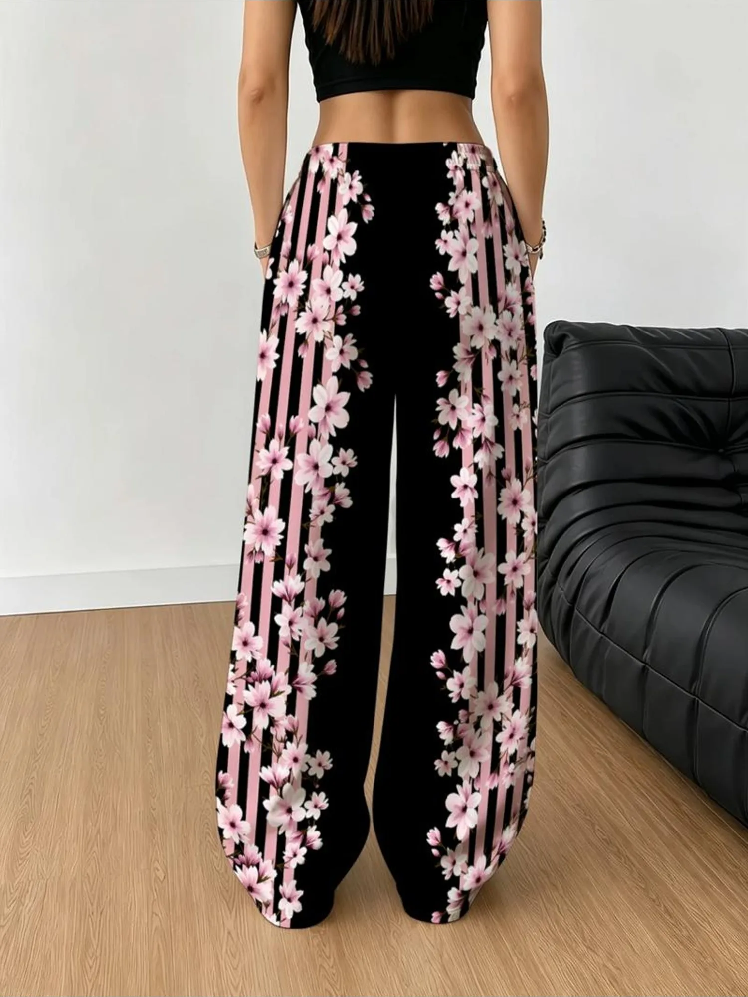 2026 Women Wide Leg Pants Cherry Blossom Stripe Print Drawstring Waist Loose Casual Street Vacation Trousers Clothes