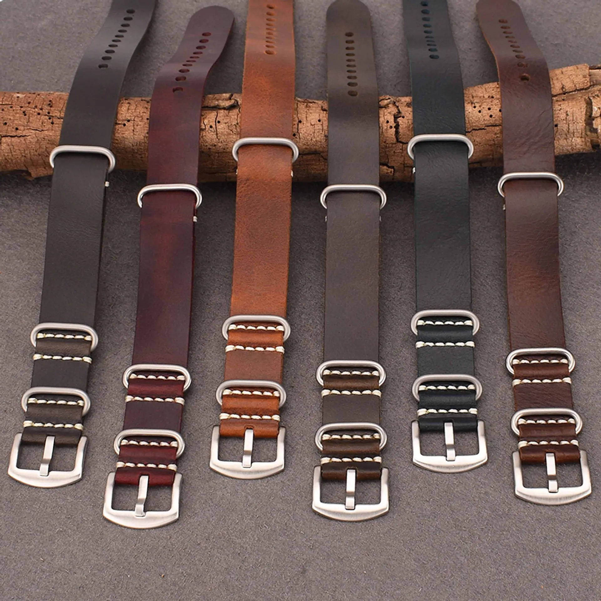NATO Watch Head Layer Cowhide Long Strap 20 22 24mm Compatible Dial Cracked Leather Strap