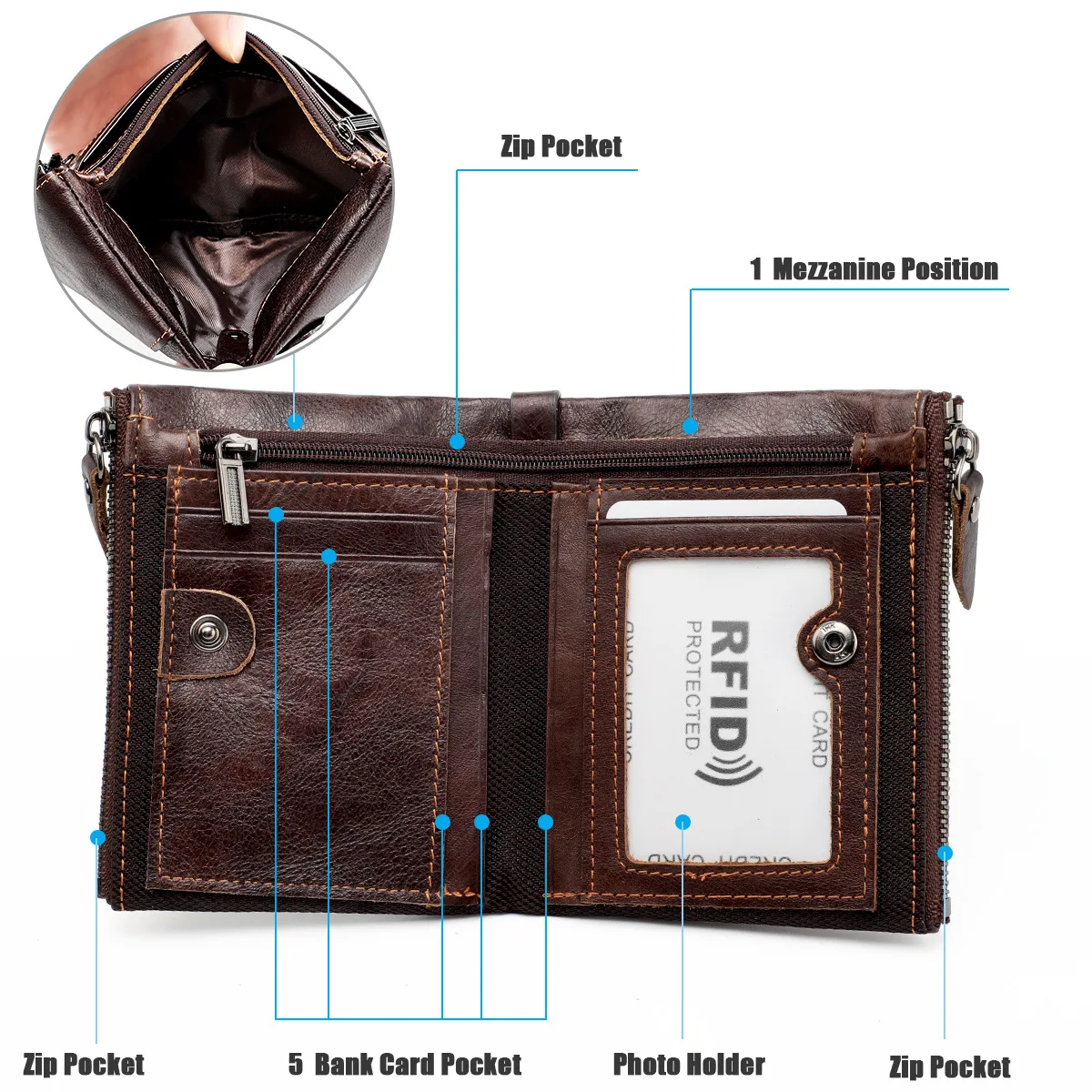 Genuine Leather Short Men RFID Wallets Name Engraving Leather Card Holder Brand Men Retro Coin Pocket Zipper Male Wallet