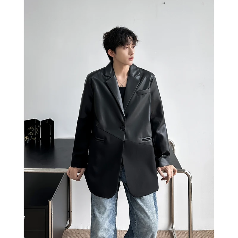 

Men's Single-Breasted Blazer with PU Panels Solid Color Contrast Splicing Loose Fit Casual Youth Suit Jacket Men M-XXXL