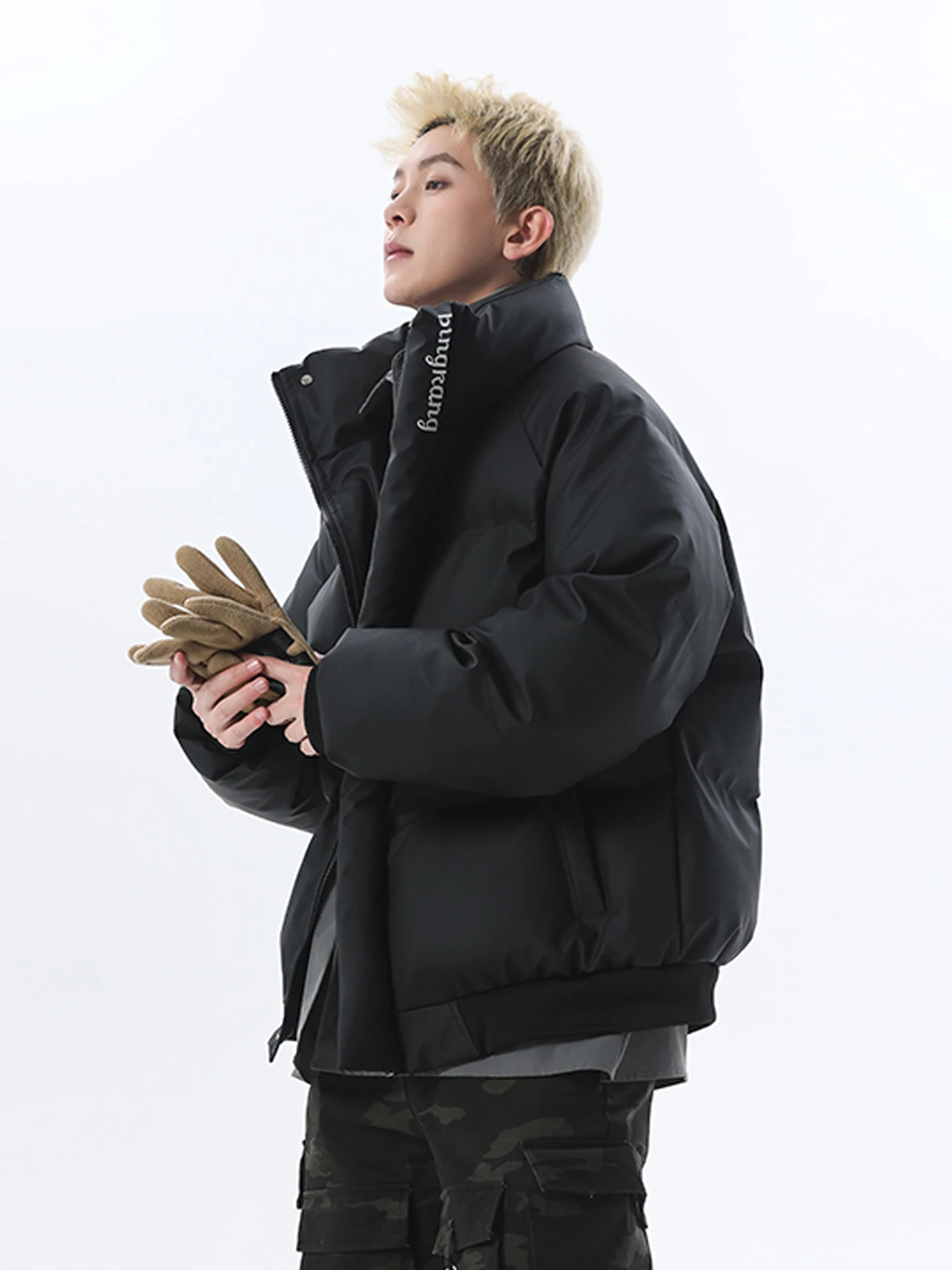 

Men's Winter Thiened Warm PU Leather Embroidered Cotton Jaet Stand Collar Bread Sle Coat Youth Loose Fit Long Sve