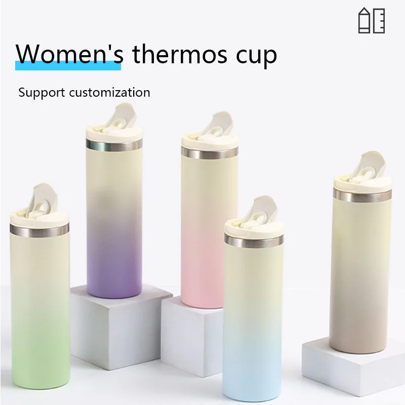 500ML Clamshell THERMOS CUP Double Layer Stainless Steel Gradient Color Insulation Cold Seal Leakproof Women's WATER BOTTLE,MUG