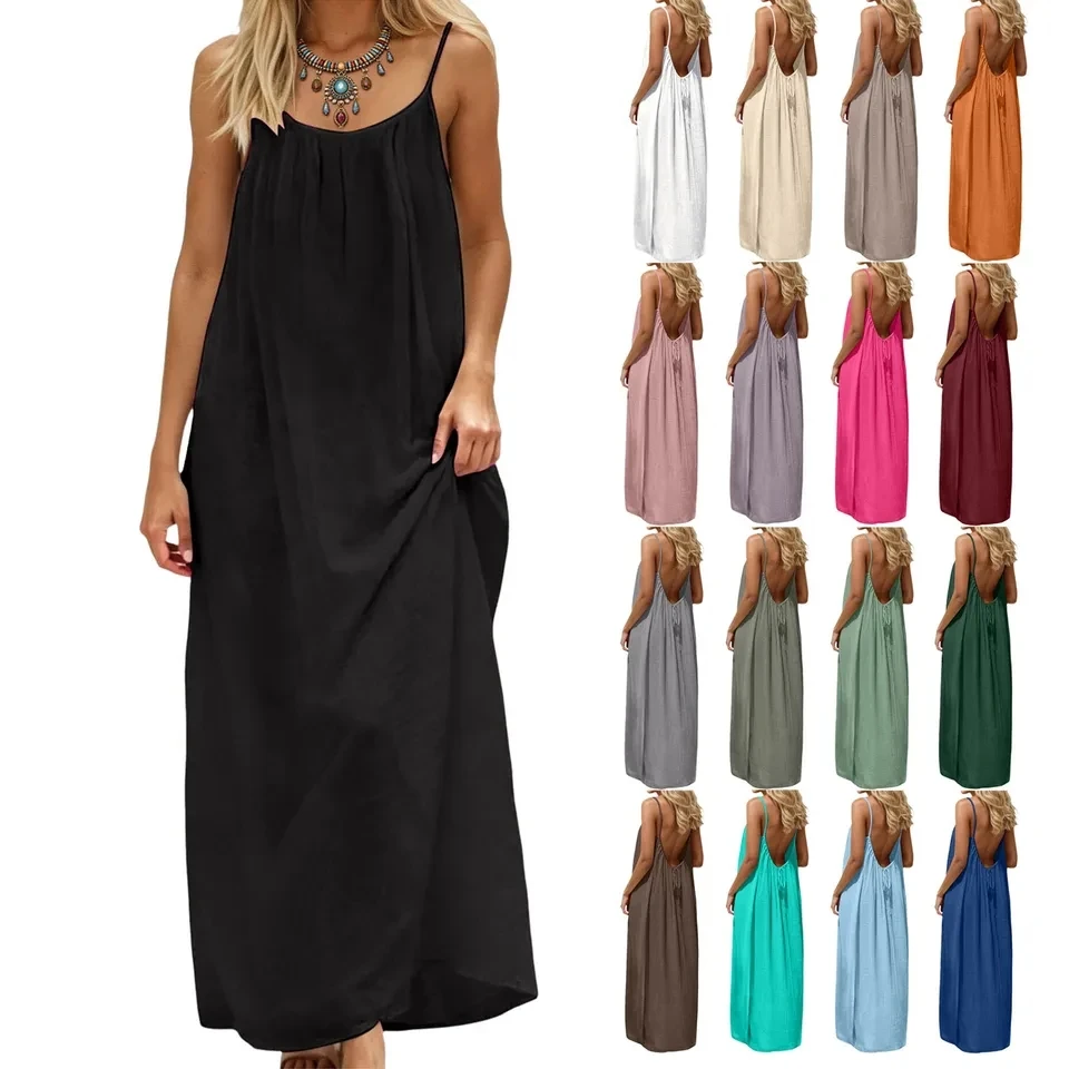 

Sexy Backless Suspender Dresses For Women Bohemian Loose Fit Sleeveless Long Dress Adjustable Summer Beach Holiday Sundress