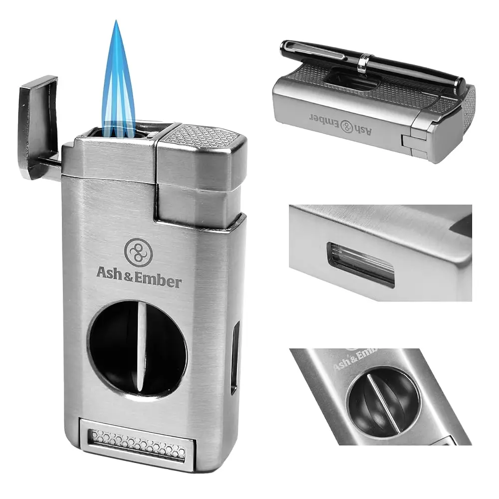 

Free Shipping“Spirit“ Cigar Lighter with V-Cutter – Triple Jet Flame Butane Refillable Torch Lighter with Cigar Rest, Windproof,