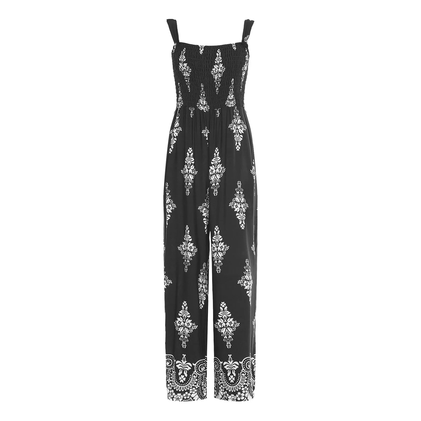 Boho Style Print Sling Rompers for Womens Vocation Travel Casual Costume Elastic Bodice Wide Leg Long Pants High Waist Jumpsuits